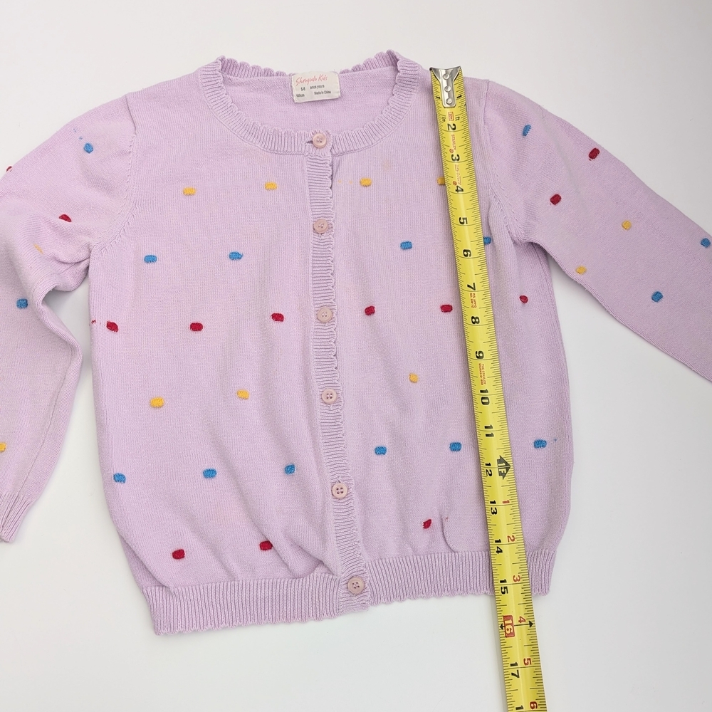 Girls Pastel Mauve Cardigan Sweater w/Colorful Raised Squares And Scalloped Hems - Picture 10 of 16